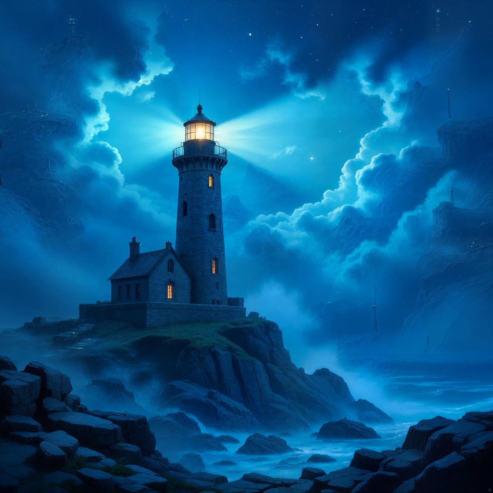 Weathered Lighthouse Against Starry Sky