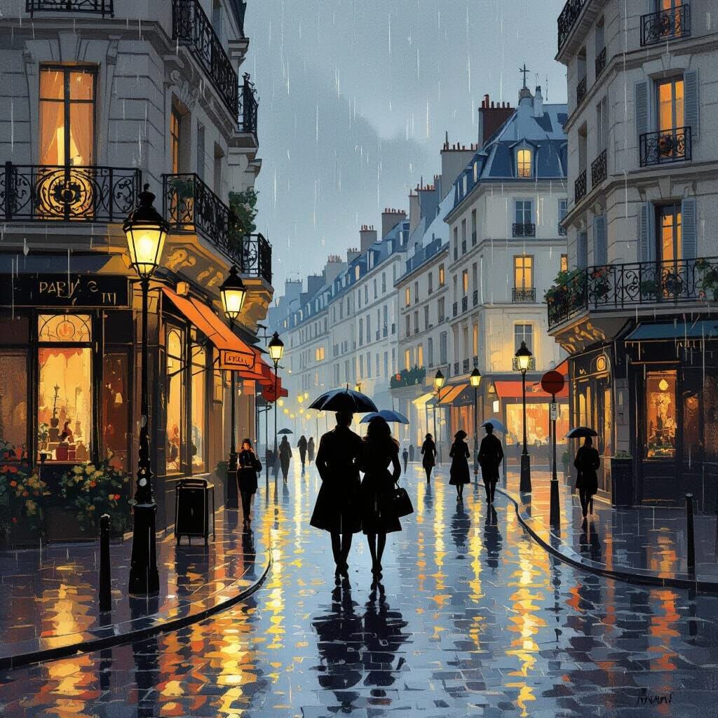 Romantic Rainy Evening in Paris: Art Nouveau Style