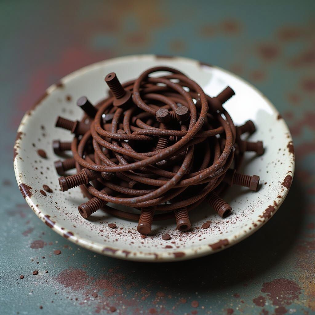 Metallic Spaghetti: Hyperrealistic Splash Art Still Life