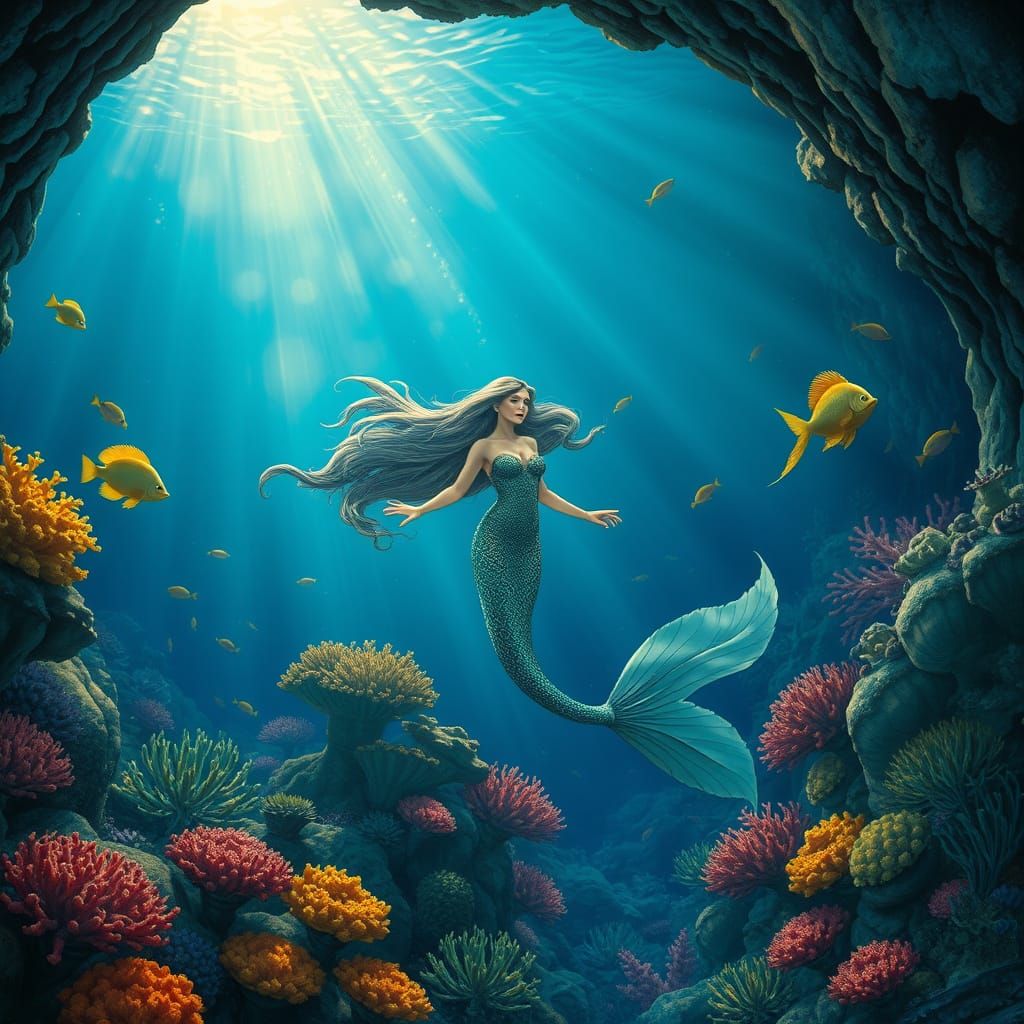 Surreal Mermaid Swims in Enchanted Underwater Grotto with Vi...