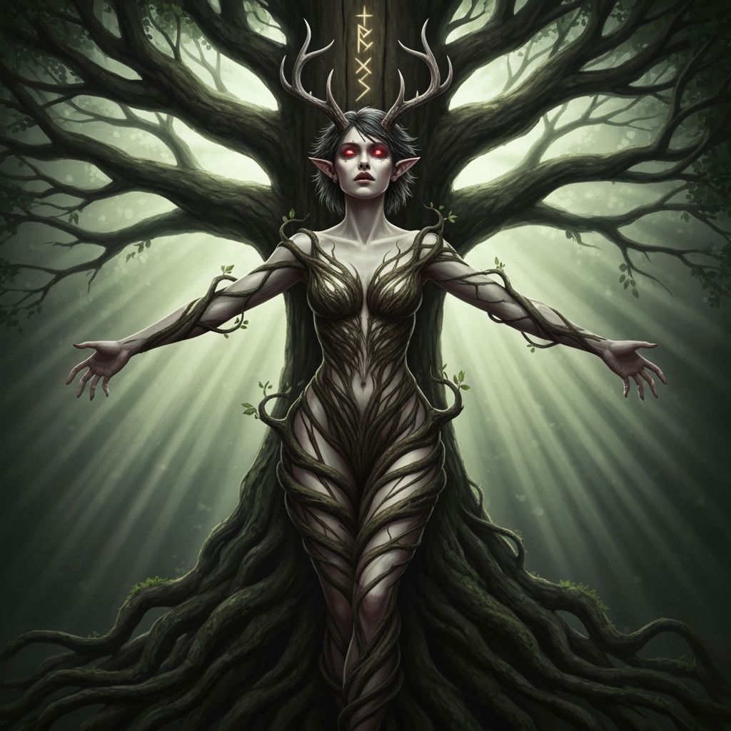 Gothic Faun-Elf Merging with World Tree as Dark Fantasy Art