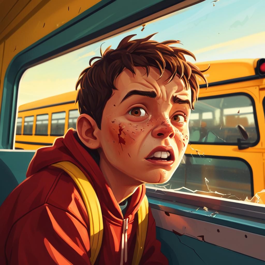 Boy on School Bus: Cartoon Illustration in 3D Style