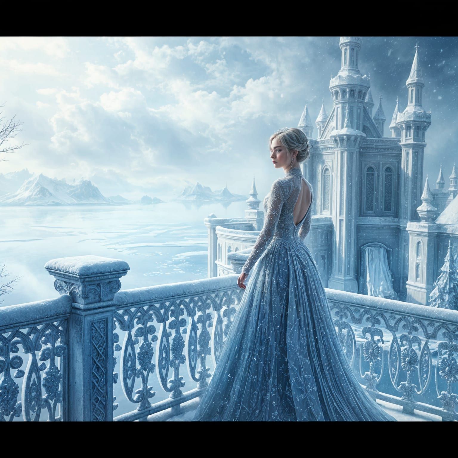 Ice Princess on Snowy Balcony with Frozen Lake
