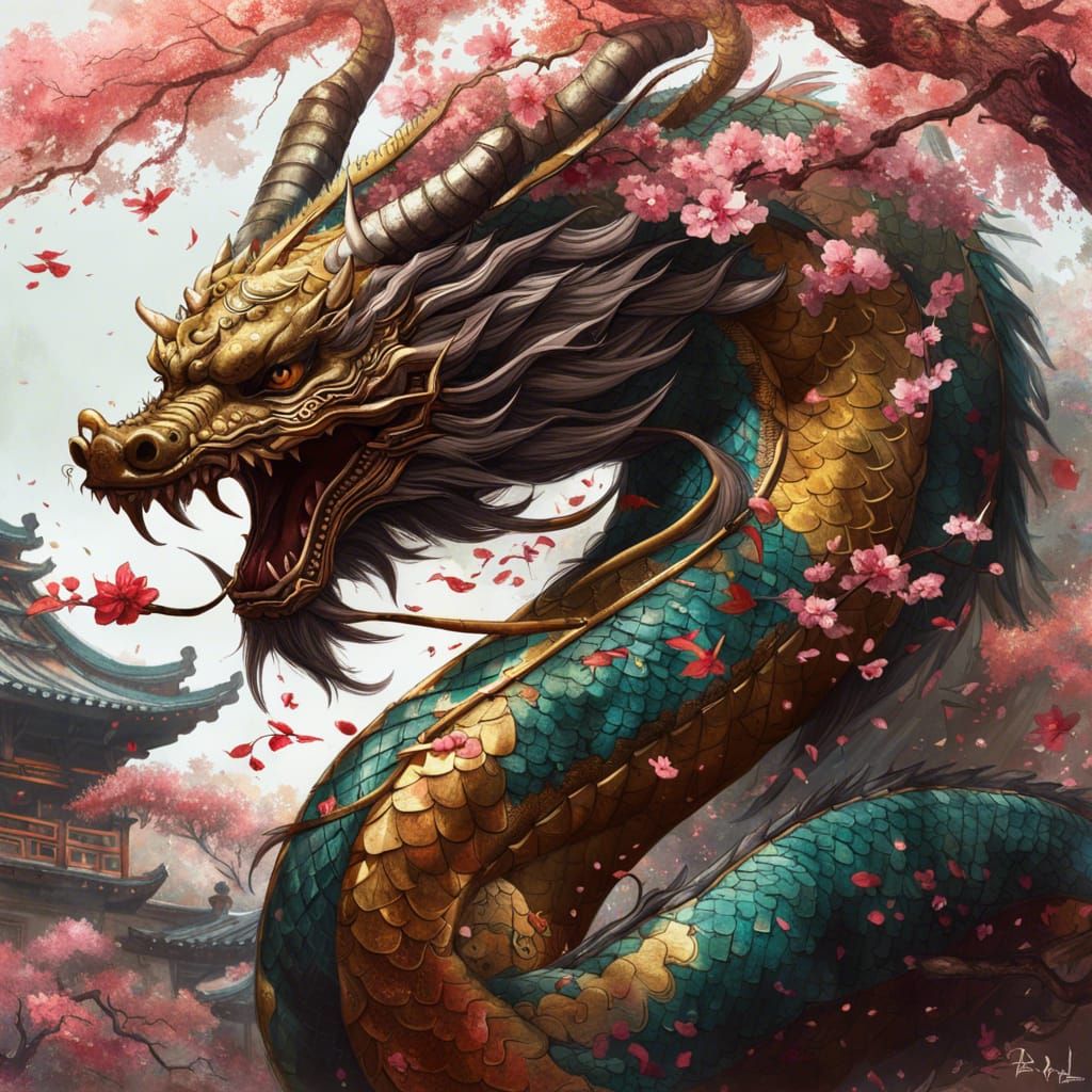 Vibrant Chinese Dragon with Sakura Leaves