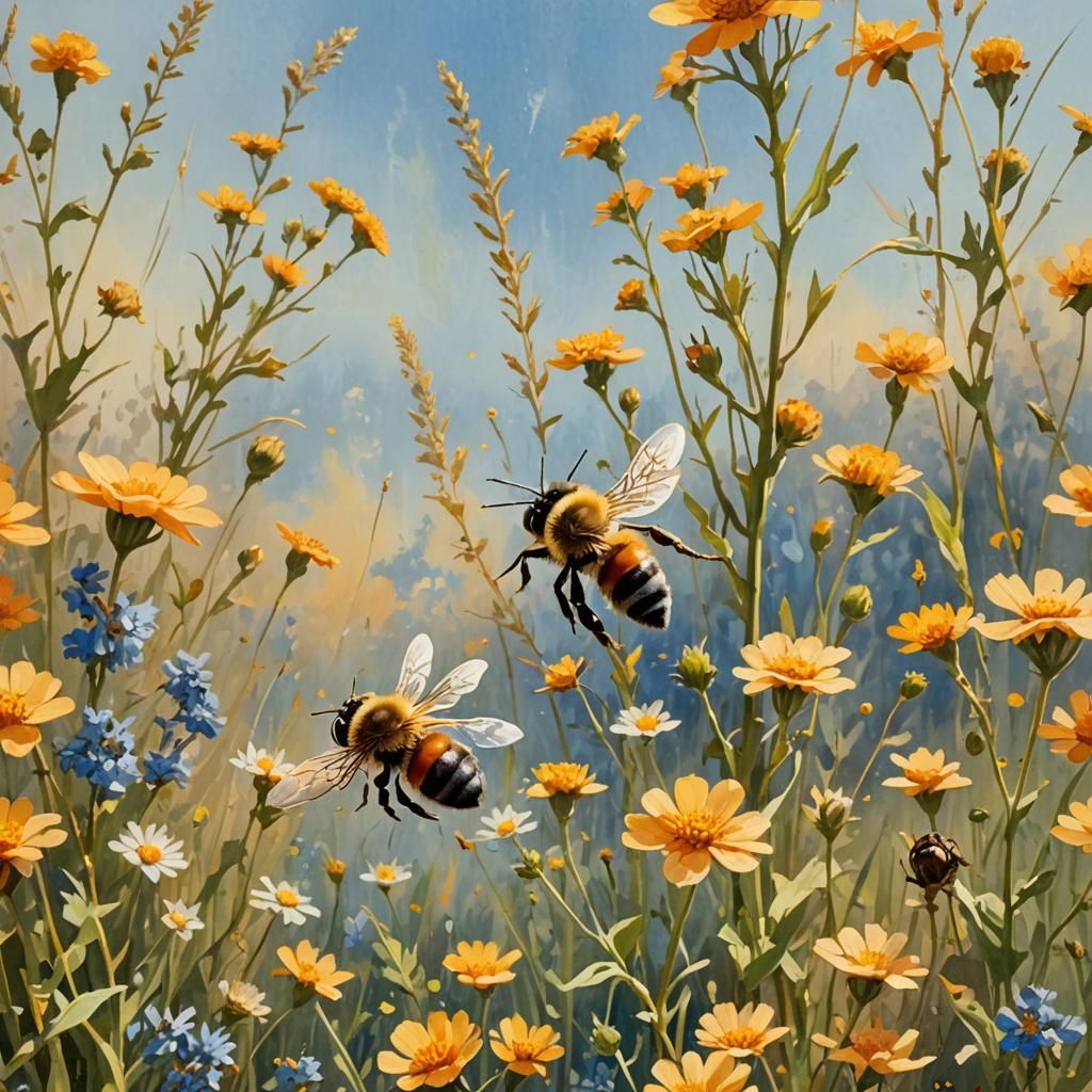 Impressionist Bee in Flower Field Gouache Painting