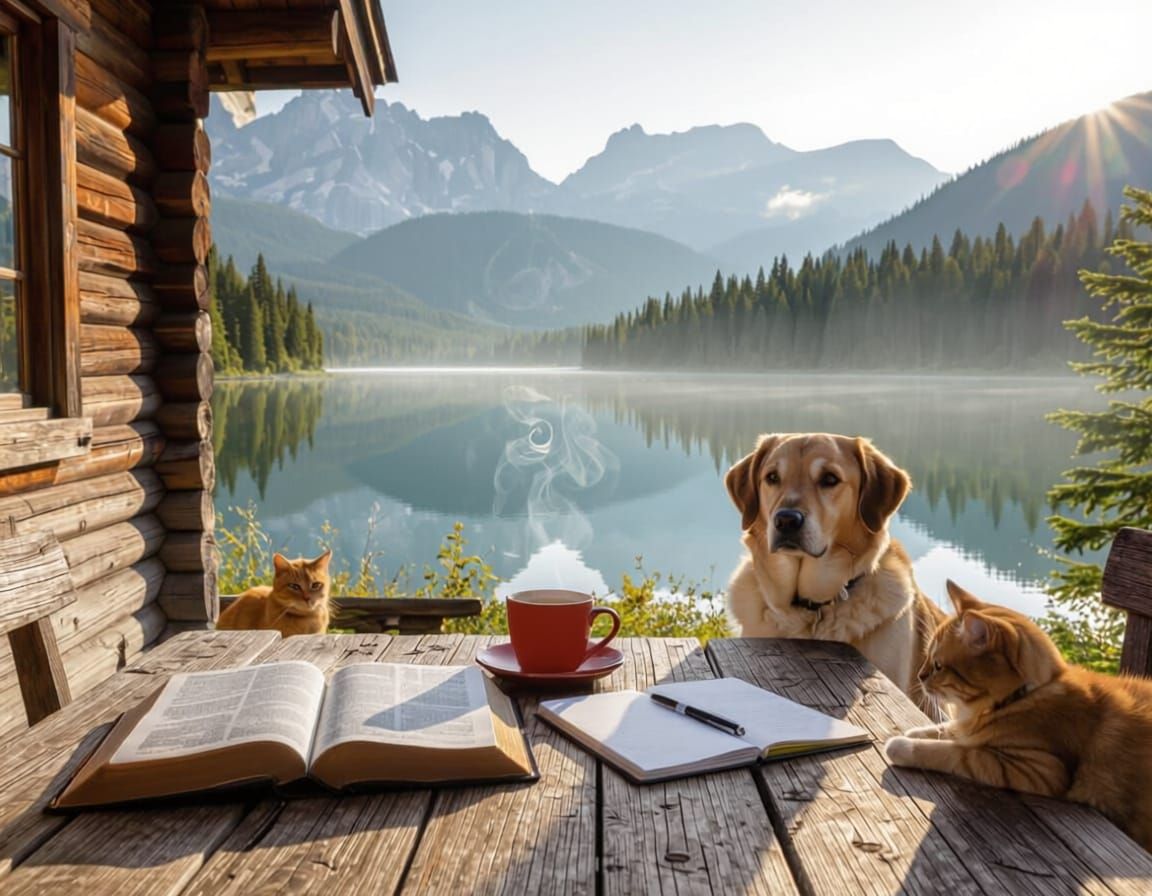 Cozy Cabin Morning Scene with Dog and Cat by Lake
