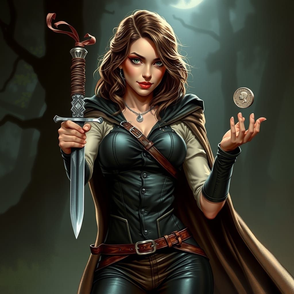 Female Rogue Tossing Dagger, Dark Fantasy Art