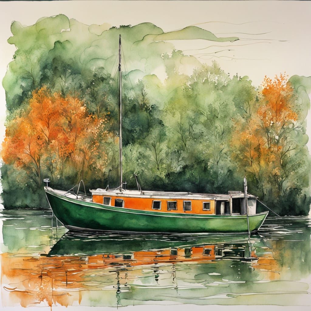 Dichromatic Boat on Lake: Ink and Wash Study