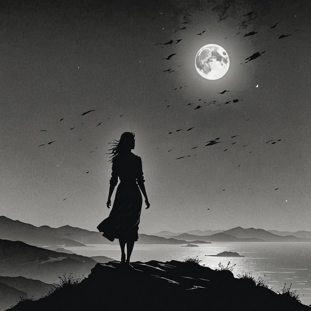 Silhouette of Woman on Hilltop Under Full Moon