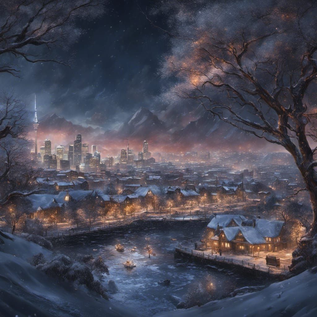 Snowy Auckland Night: Detailed Oil Painting