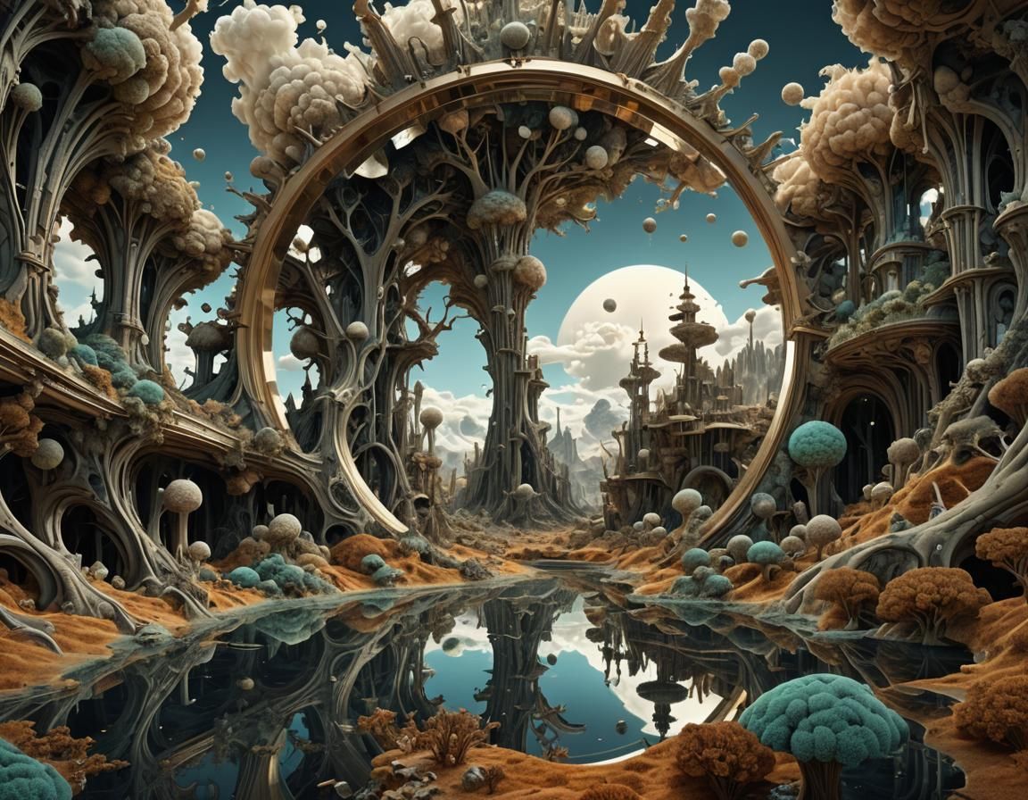 Surreal Fractal Landscape Reflected in Mirror, 3D Render
