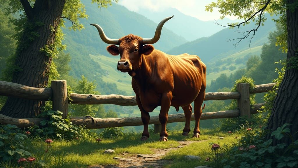 Majestic Cow in Rustic Landscape