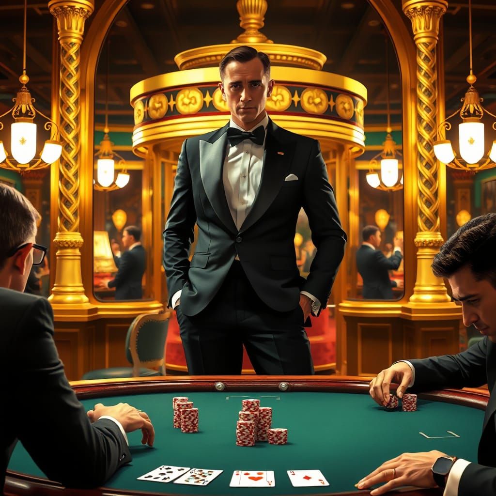 Suave James Bond in Retro-Futuristic Poker Game
