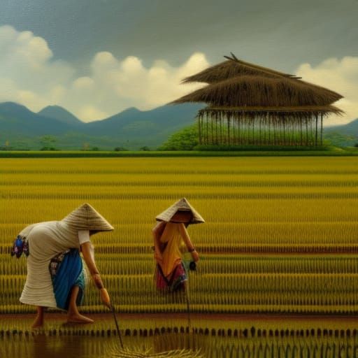 Idyllic Rice Field Hut: Gurney-Inspired Oil Painting