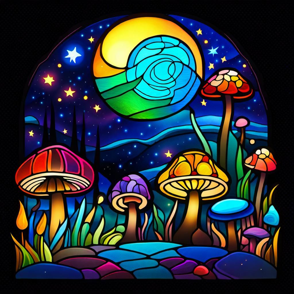 Cosmic Landscape in Stained Glass with Bioluminescent Mushro...