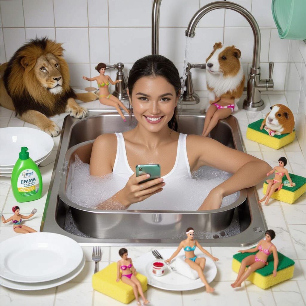 Surreal Kitchen Scene with Miniature People