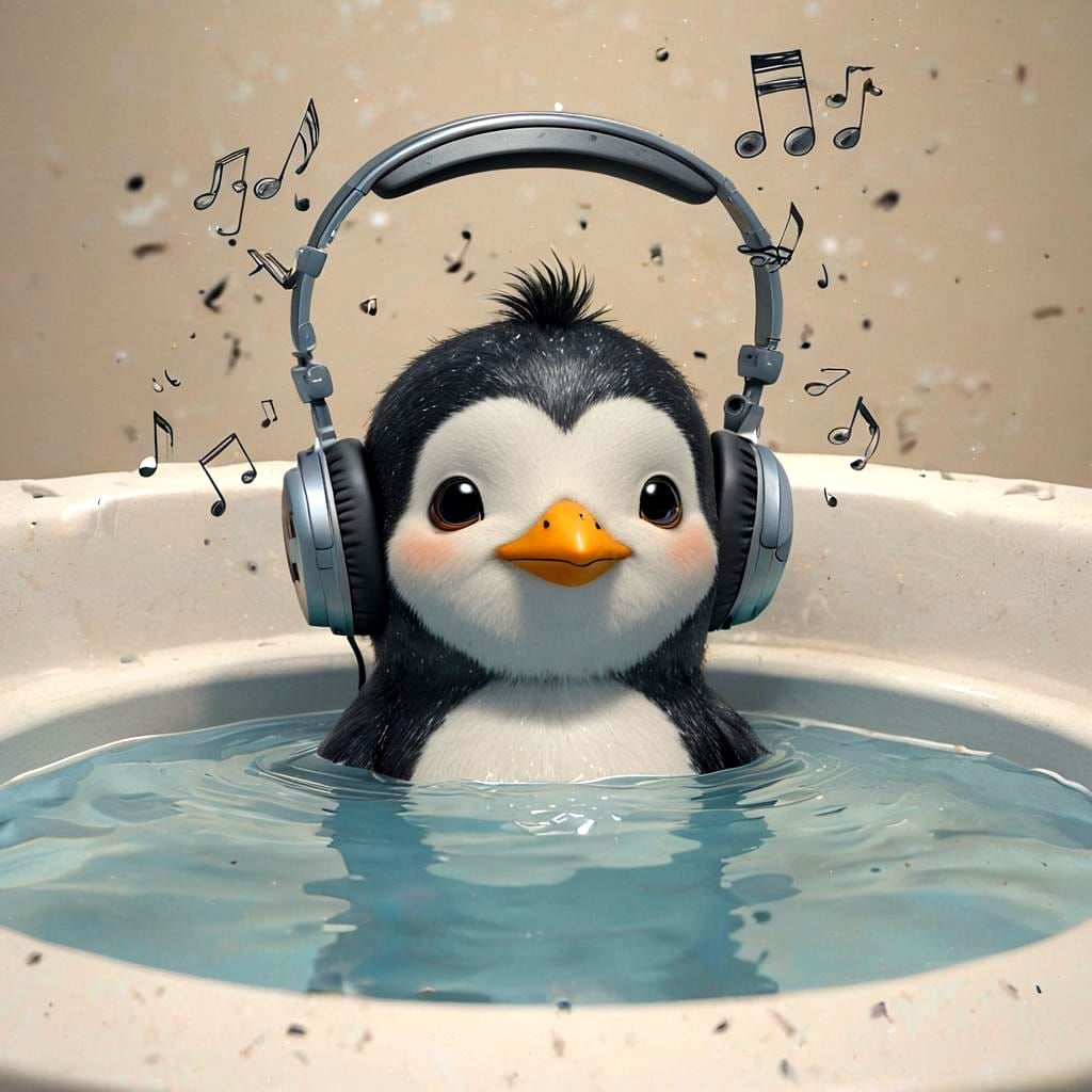 Cartoon Penguin Relaxing in Jacuzzi with Music