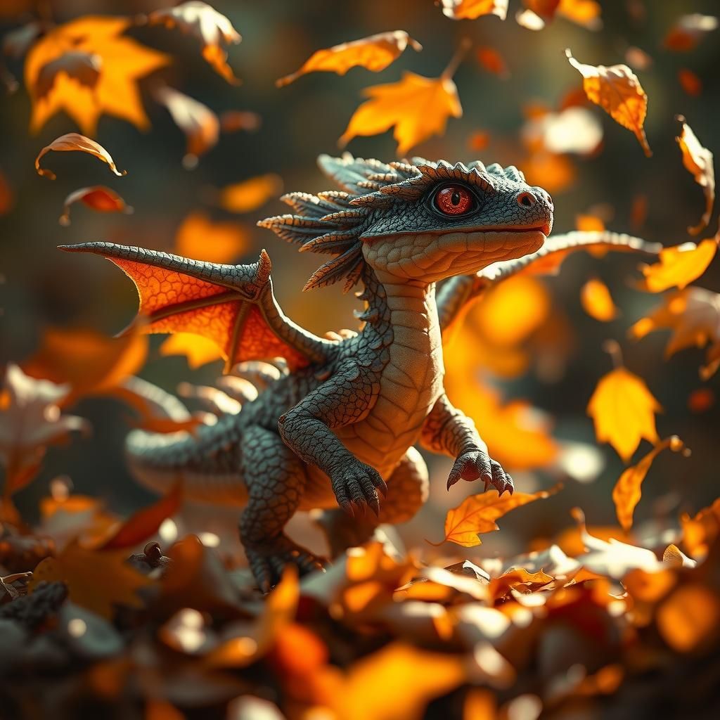 Miniature Dragon Frolics in Autumn Leaves