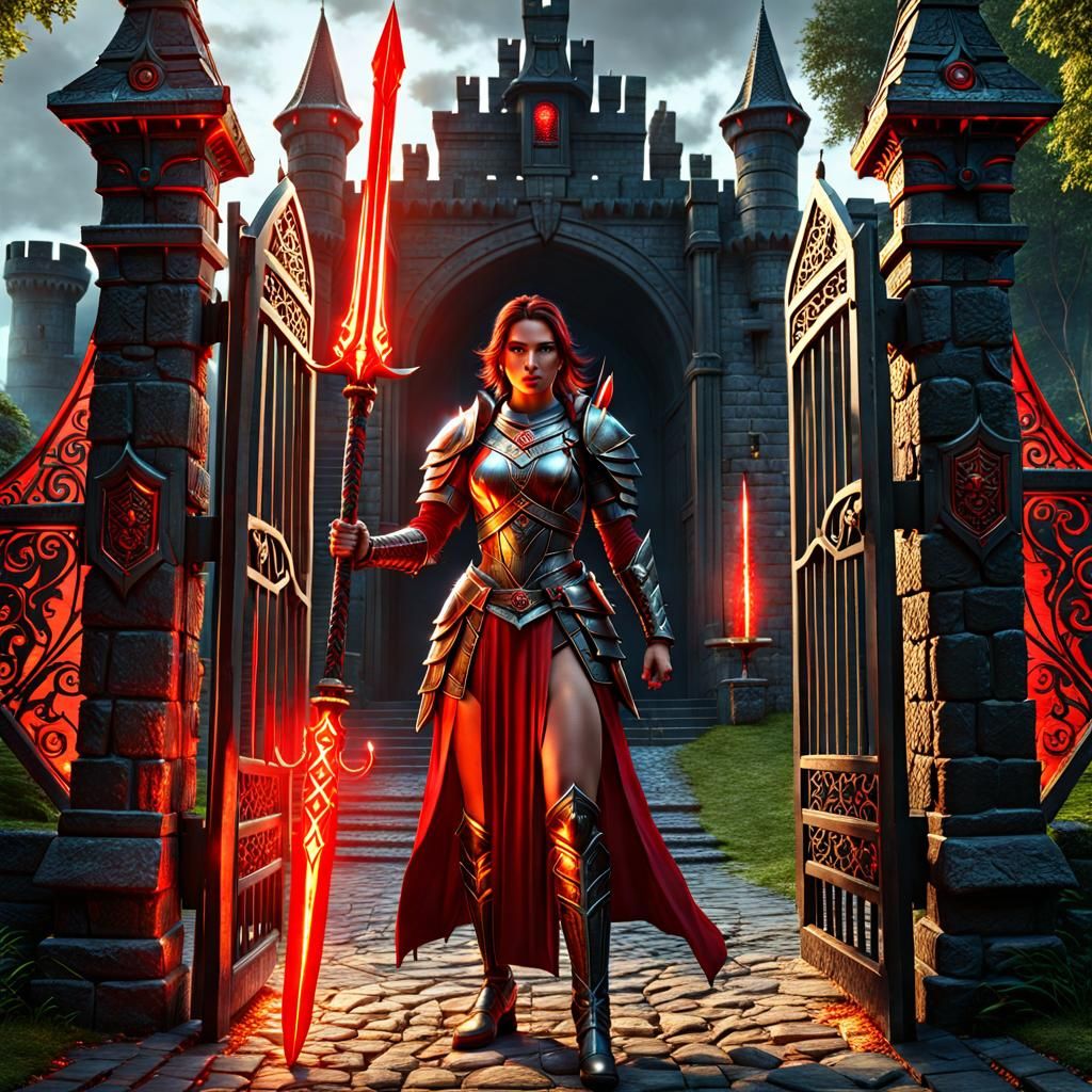Female Warrior Guards Castle Gate with Glowing Spear
