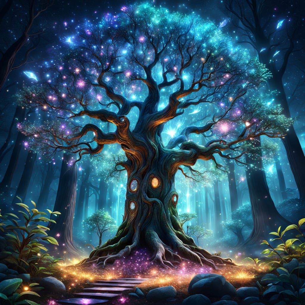 Ethereal Woodland Tree in Cosmic Aura