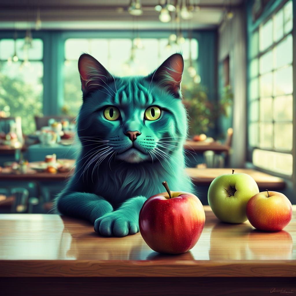 Whimsical Vintage Fantasy Apple Cat in a Fruitful Dreamscape