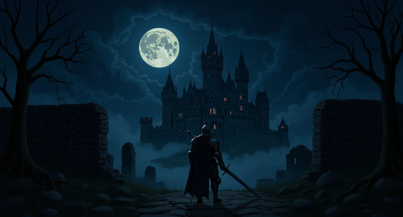 Pixel Art Knight Gazing at Gothic Castle