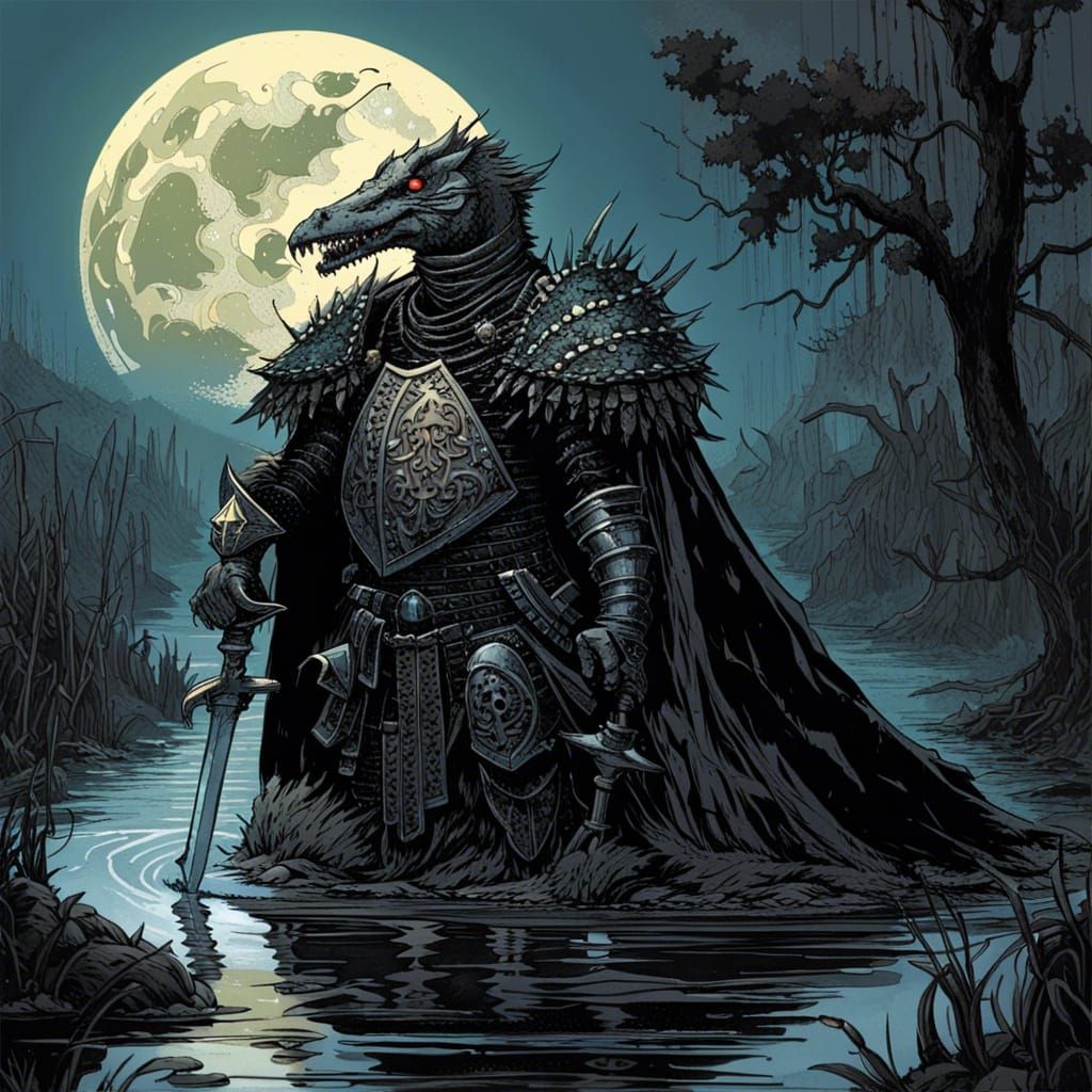 Gothic Werecrocodile Knight in Dark Swamp