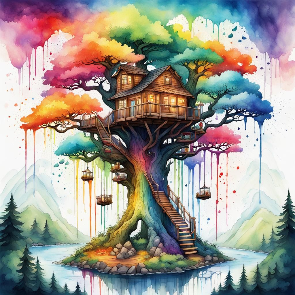 Rainbow Treehouse Painting with Watercolor Effects