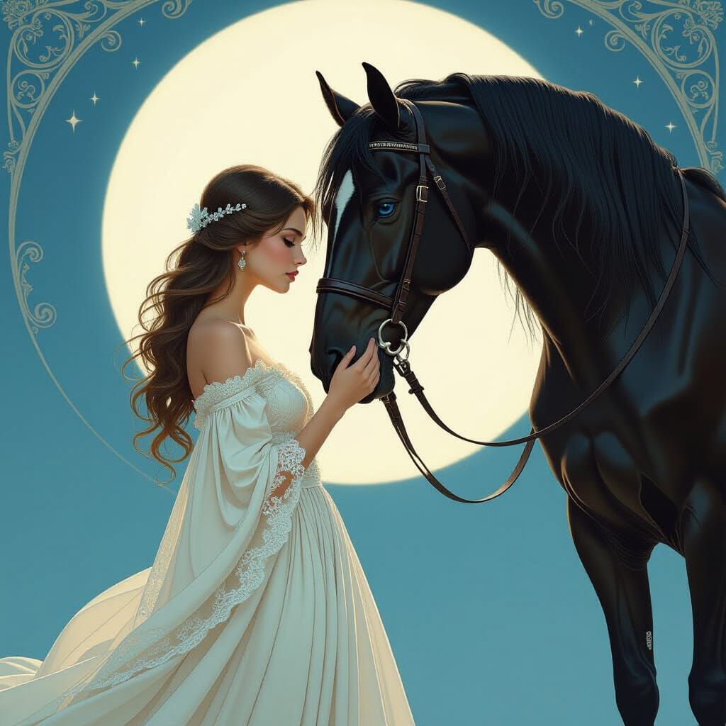 Moonlit Embrace: Woman and Stallion in Art Nouveau Style
