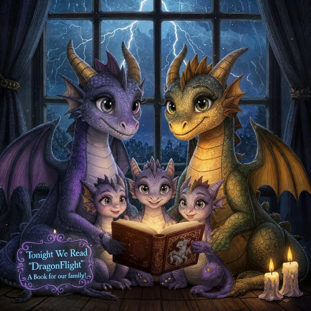 Dragon Family Reading Night, Digital Painting