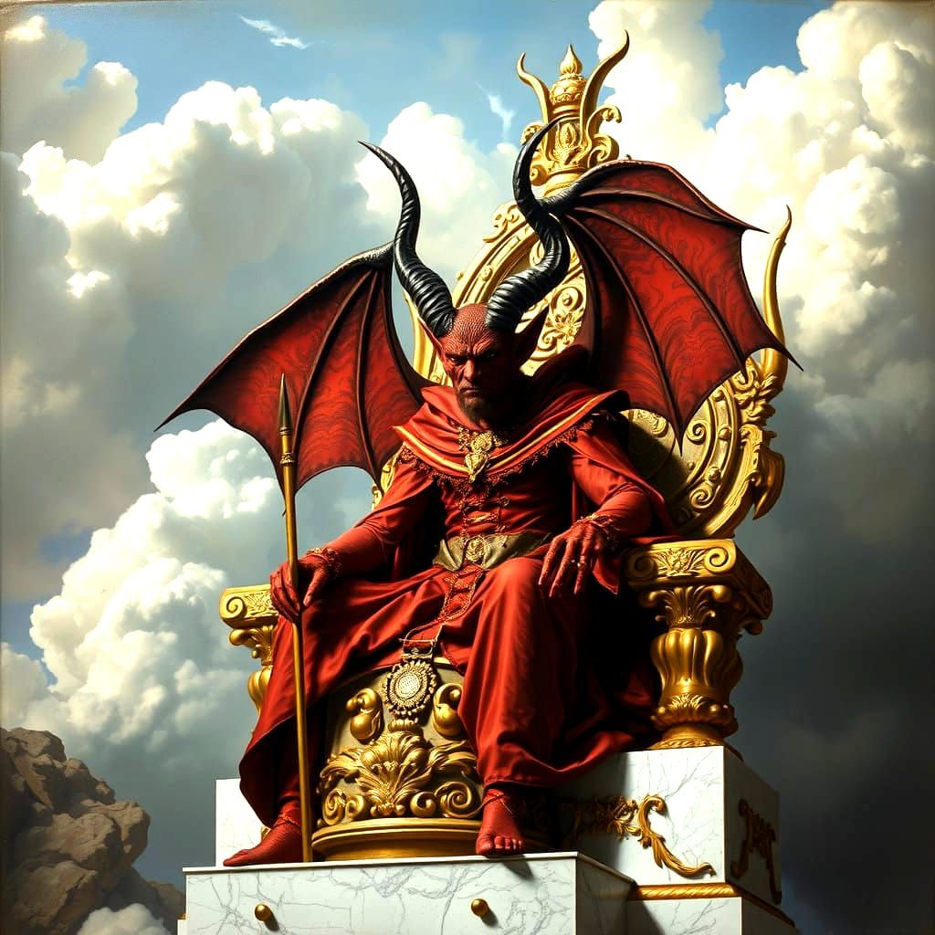 Surreal Devil Seated on Heavenly Throne in Crimson and Gold