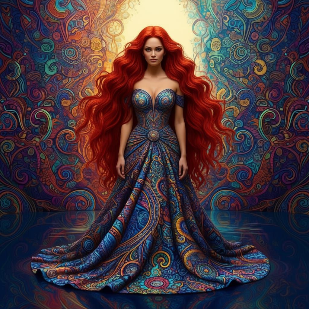 Woman with Long Red Hair in Zentangle Pattern Gown