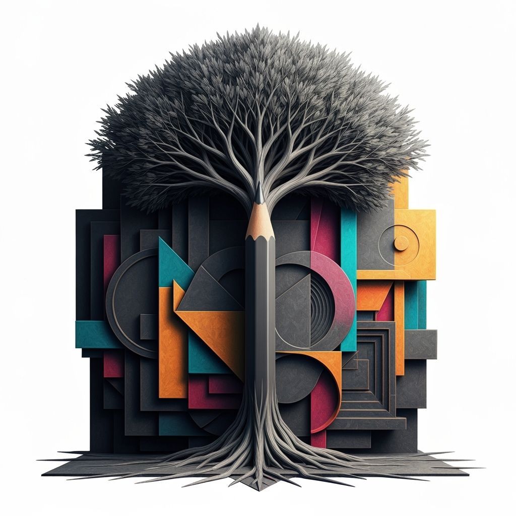 Graphite Tree in Vibrant Cubist Style