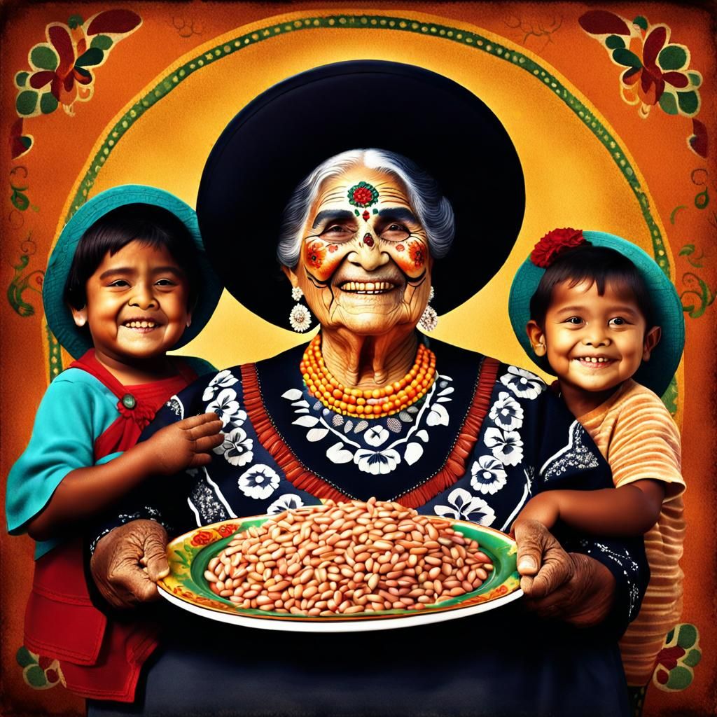 Smiling Grandmother Offers Beans in Photorealistic Image