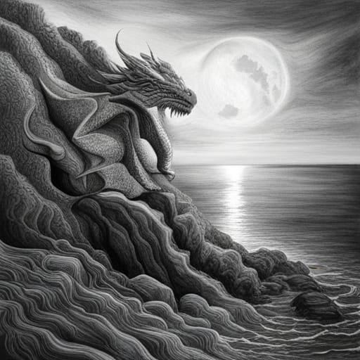 Ethereal Dragon on Cliff: Charcoal Drawing