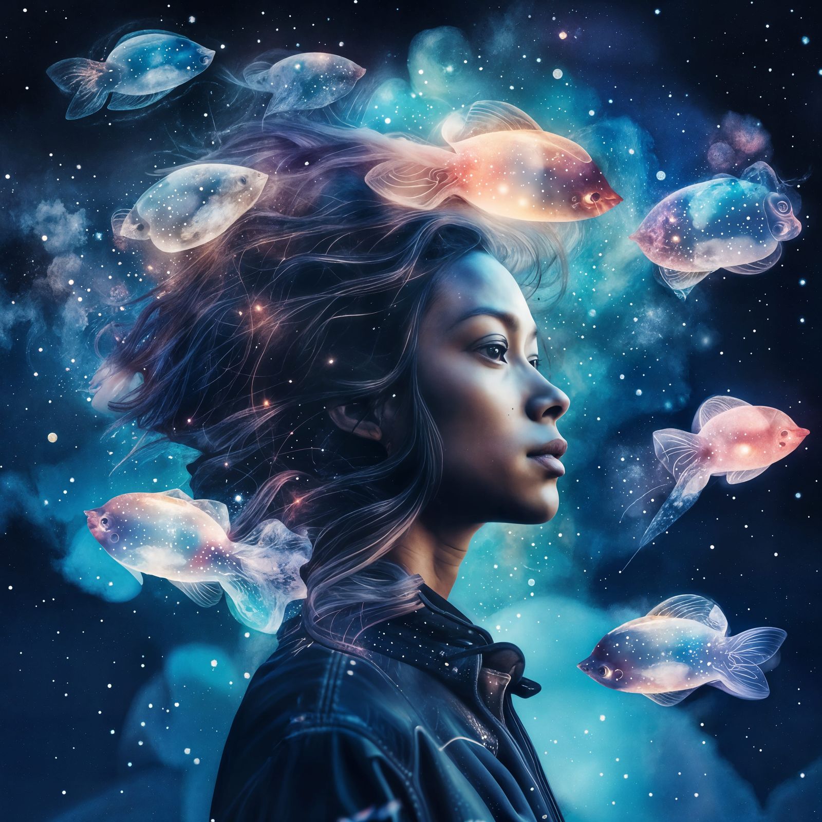 Night Sky Jellyfish Galaxy Double Exposure Art