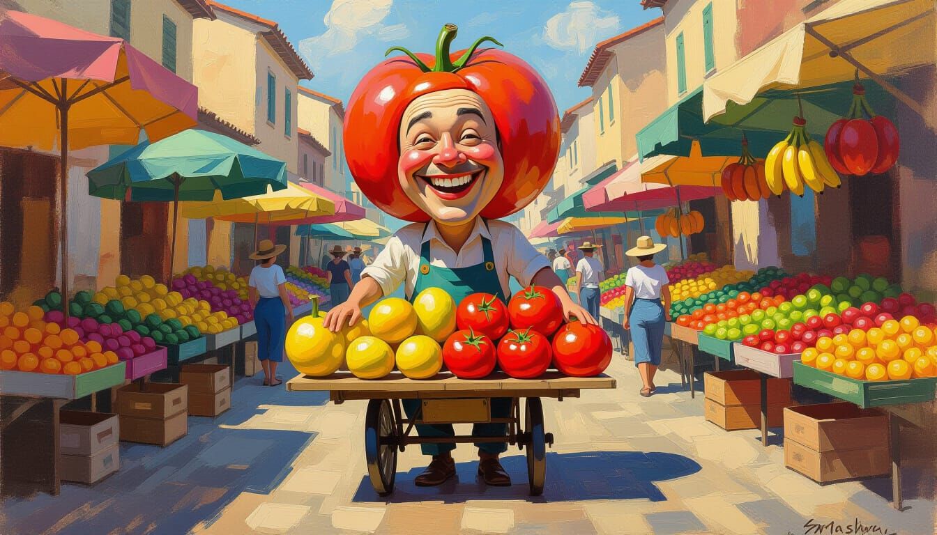 Impressionist Caricature of a Smiling Produce Vendor