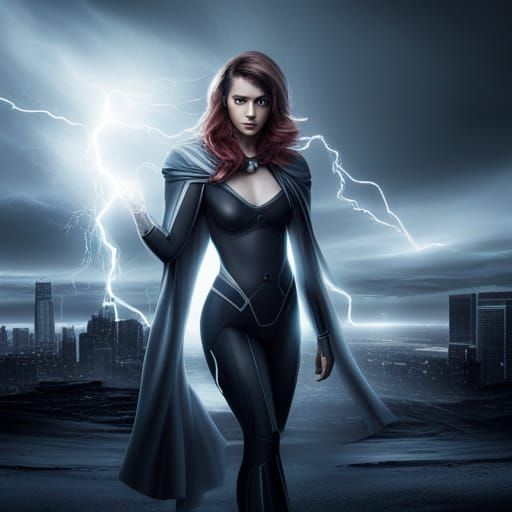 Futuristic Superhero Manipulates Lightning in Storm
