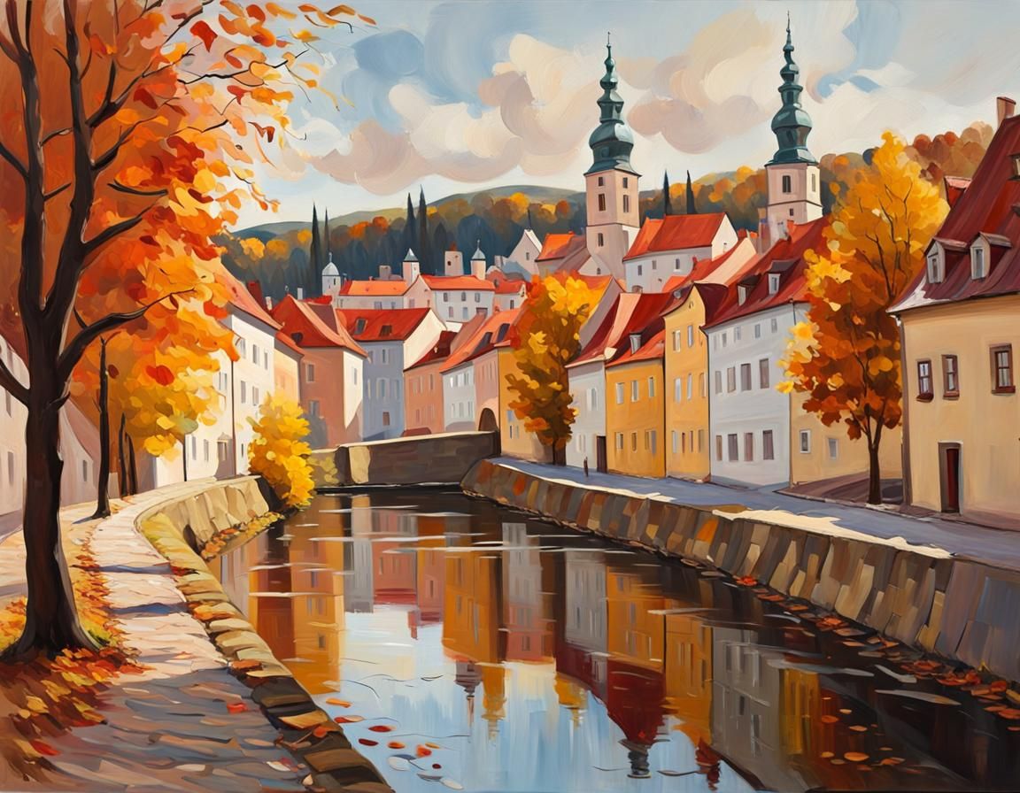 Colorful Autumn Street in Cesky Krumlov: Oil Painting