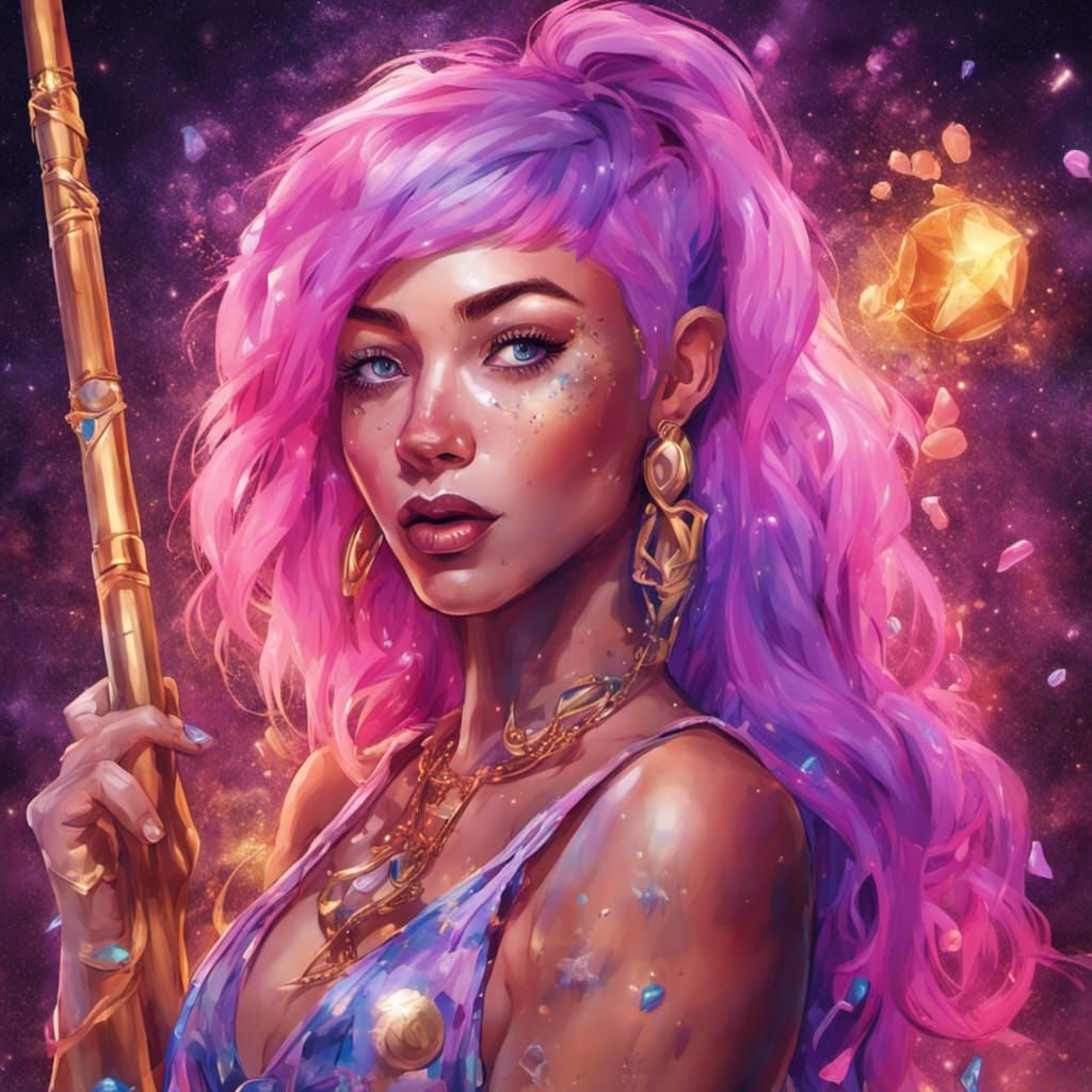 Cosmic Girl Portrait with Jeweled Staff