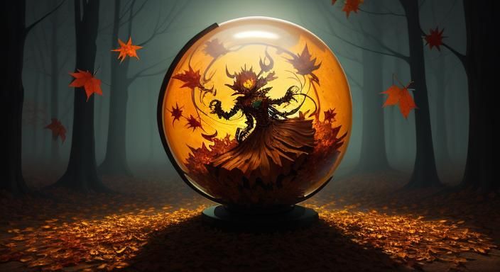 Halloween Ghoul in Glass Sphere with Autumn Leaves