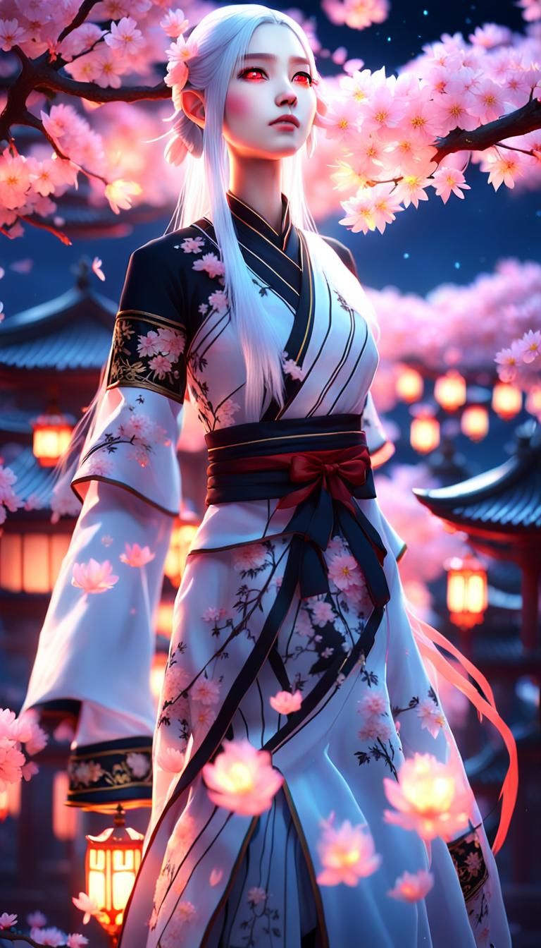 Anime Girl Flies in Cherry Blossom Night Sky