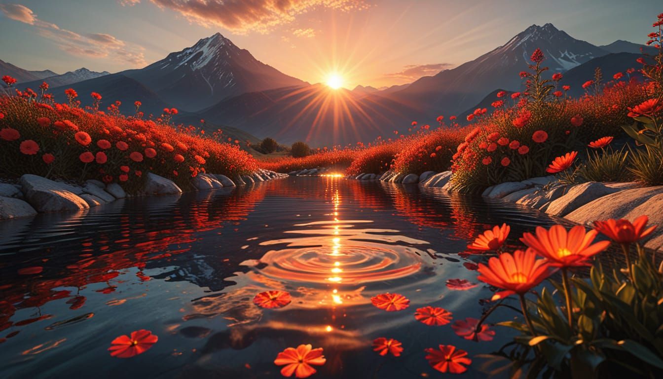 Fiery Sunset Reflected in Mountain Pool: Digital Art