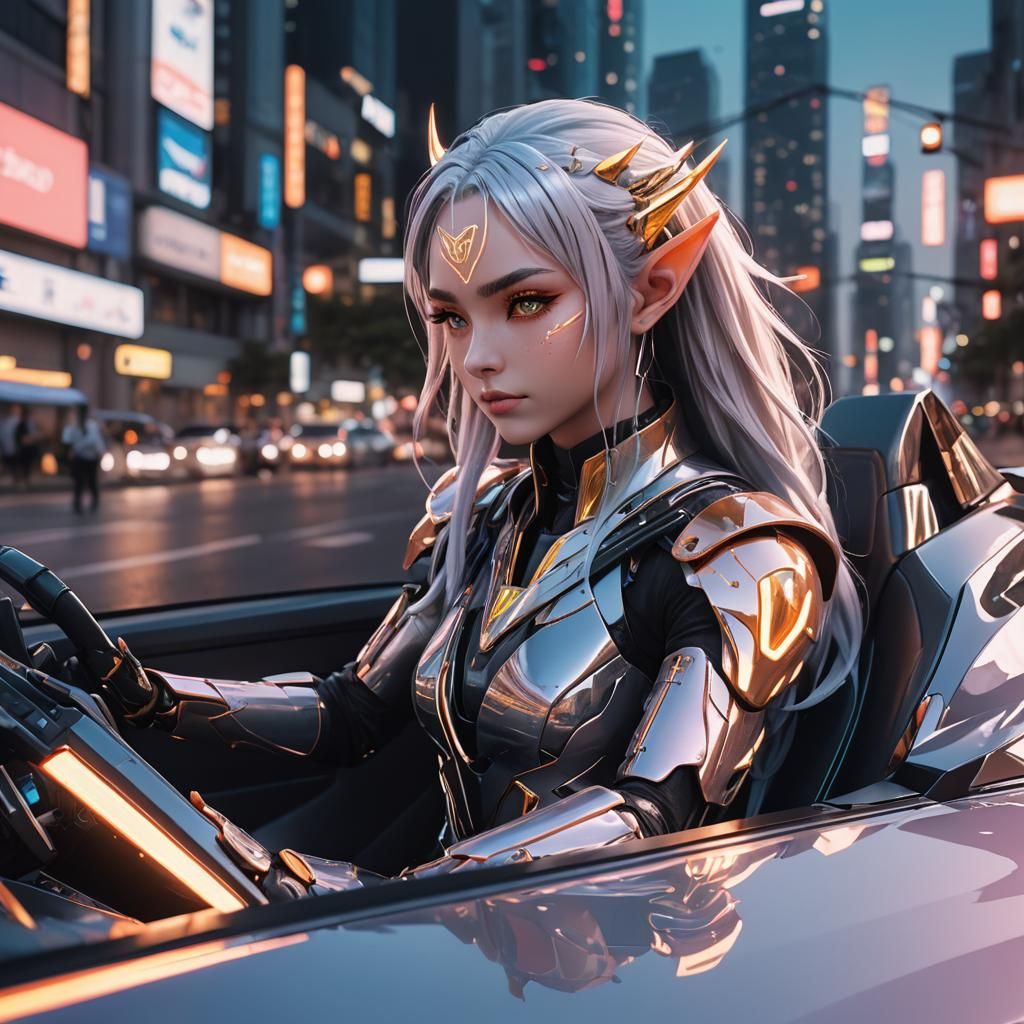 Cyberpunk Elf Drives Sport Car in Neon Cityscape