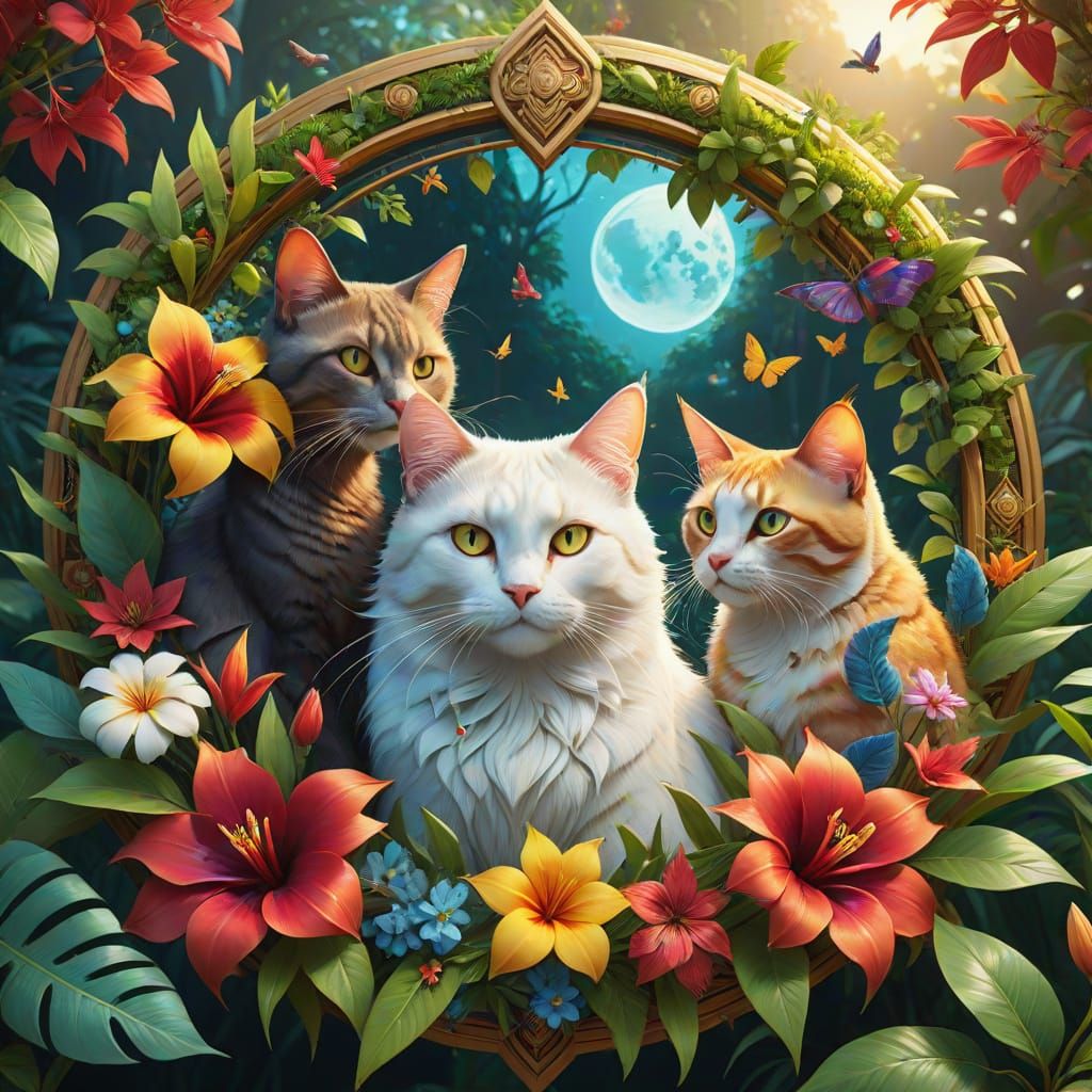 Vibrant Tropical Mandala with Cats, Flowers, and Whimsical C...