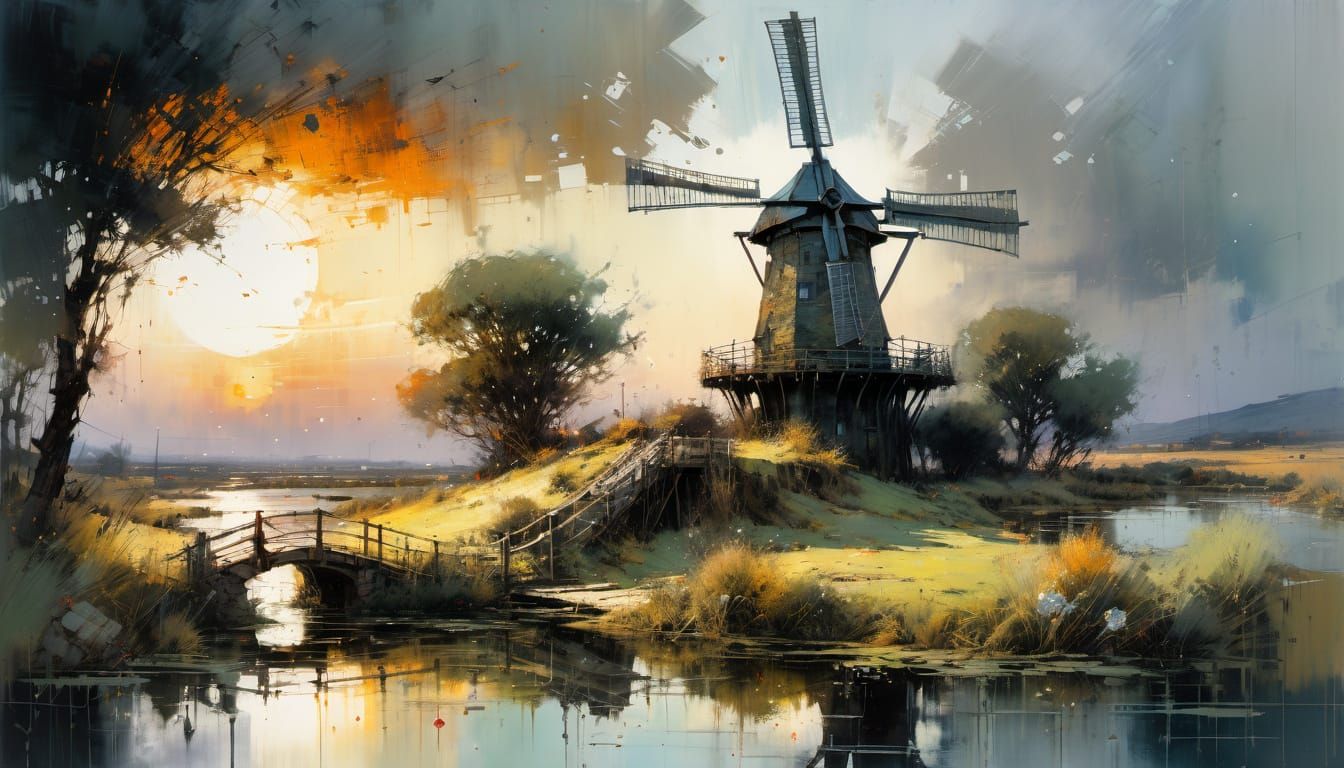 Rustic Stone Windmill at Sunset: Fine Art Painting