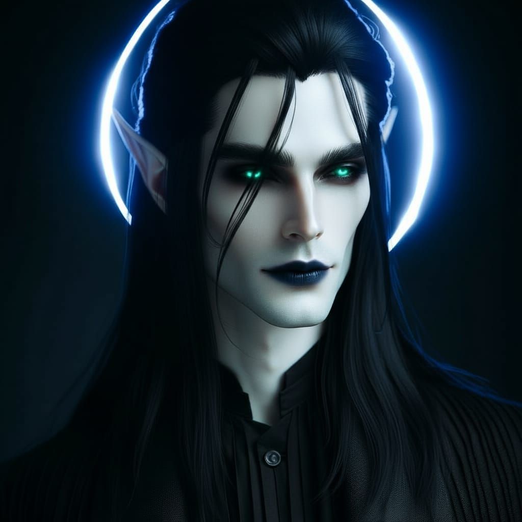 Elven Vampire with Neon Green Eyes and Blue Halo