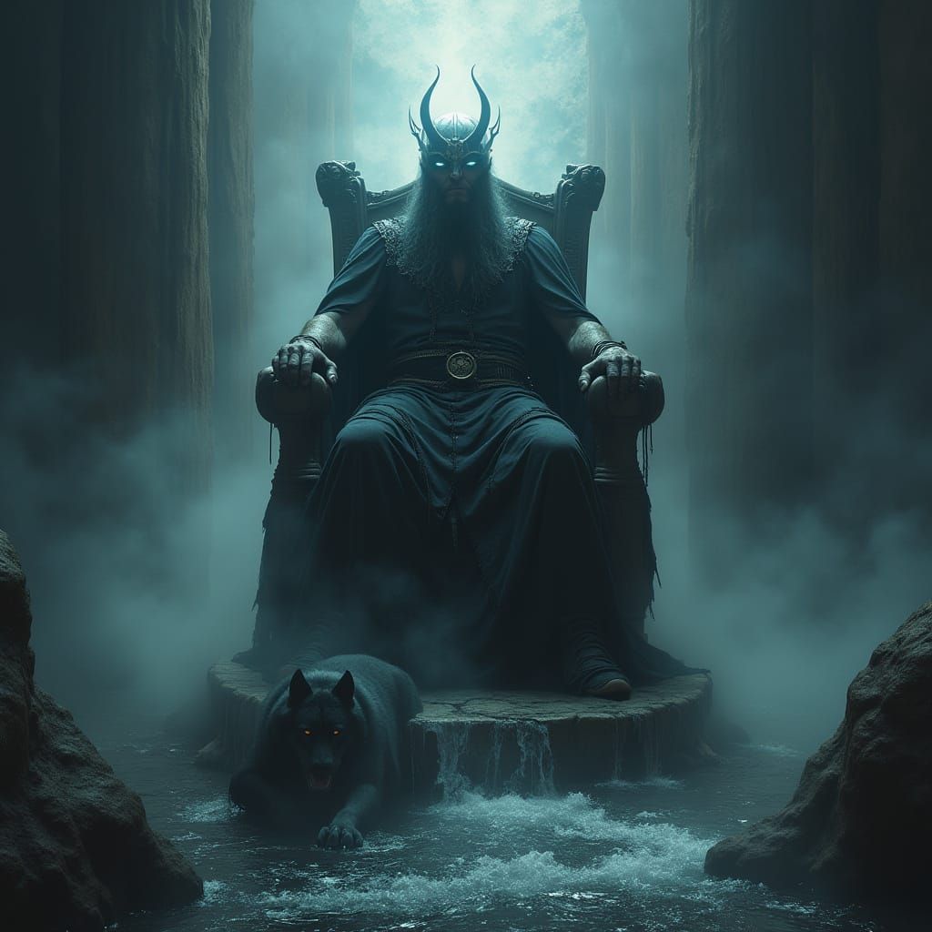 Hades on Dark Throne with Cerberus, Cinematic Style