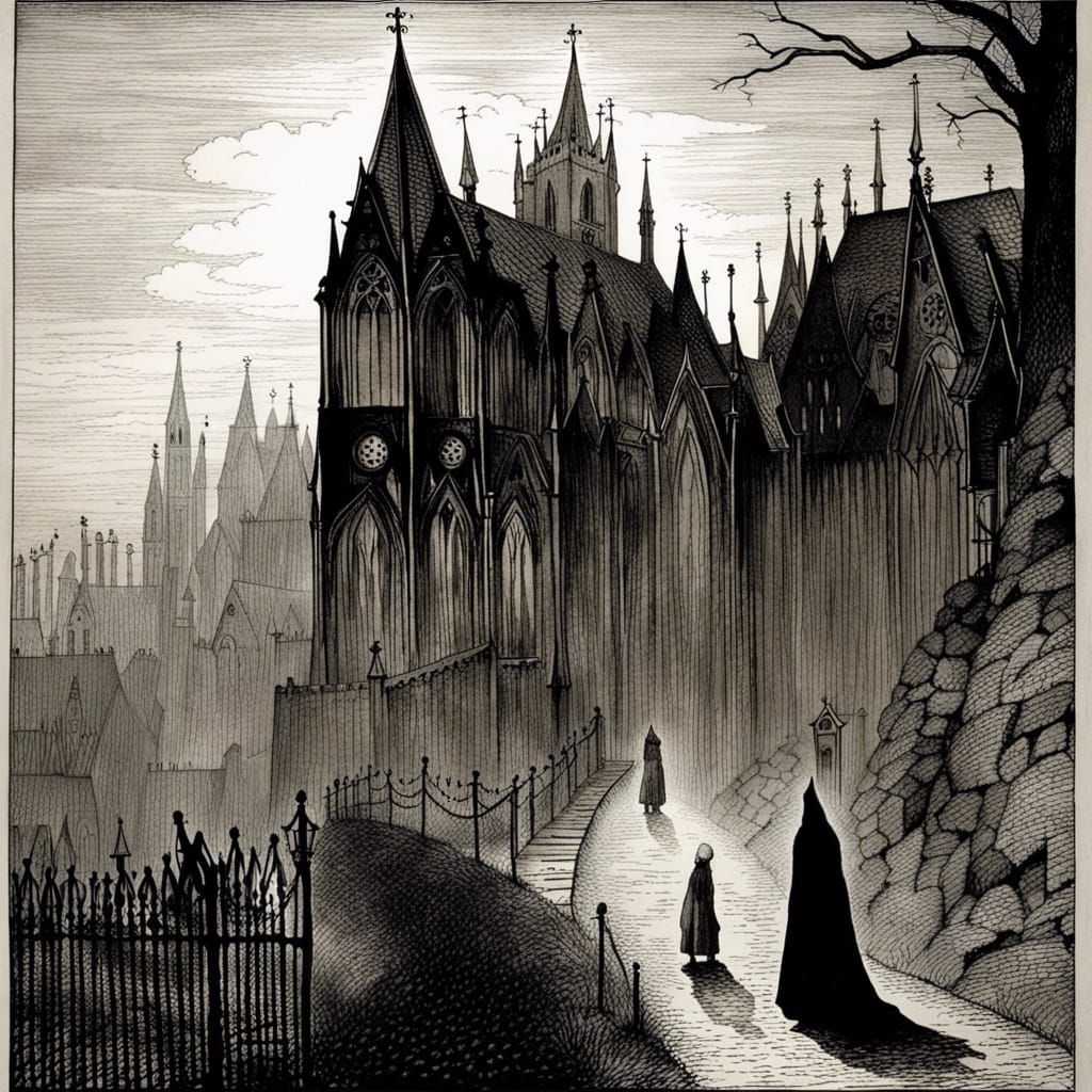 Gothic Church with Hooded Figures: Sinister Digital Art