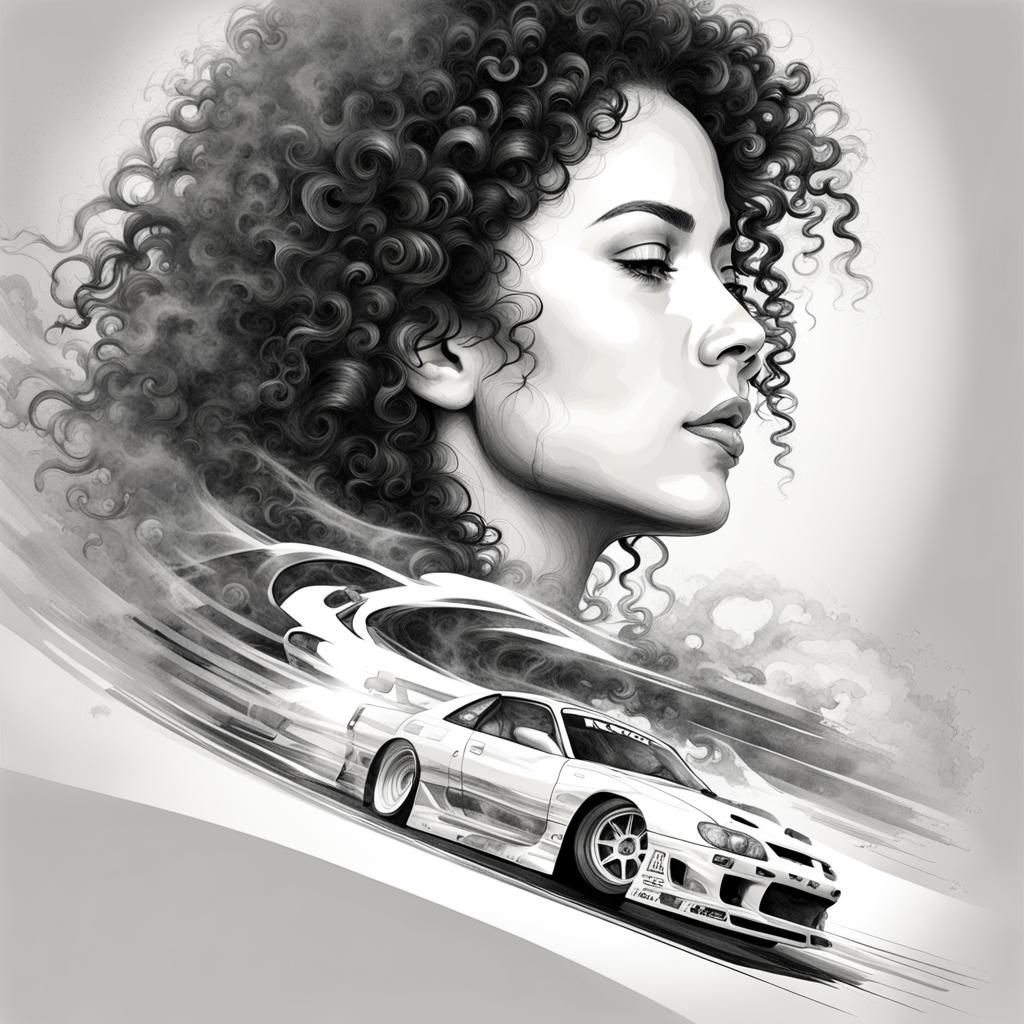 Drift Racer Double Exposure: Detailed Pencil Illustration